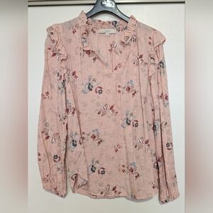 LOFT Pink Floral Blouse with Ruffle Accents